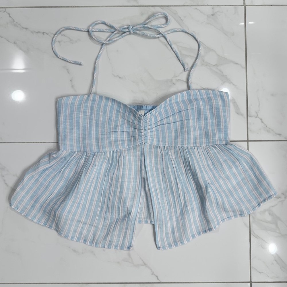 American Eagle Light Blue Striped Crop Top-Size Small
